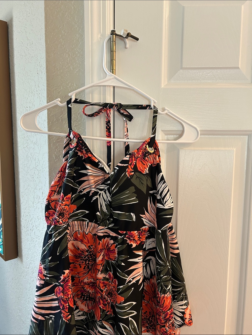 Tropical Floral Halter bathing suit top  - Black with orange green and peach